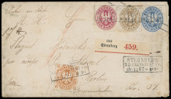 Markenausgaben
Preussen
LETZTAGSBRIEF, 1861/67, Wappenausgabe: 6 Pfennige zusammen mit 1 und 3 Silbergroschen, auf 2 Silbergroschen Ganzsachen-Kuver...