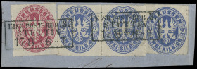 Markenausgaben
Preussen
1861, Wappenausgabe: 2 Silbergroschen blau (waagerechtes Paar und Einzelstück in deutlich unterschiedlichen Nuancen) zusamme...