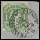 Markenausgaben
Preussen
1867, 1 Kreuzer grün, Kabinett-Briefstück mit sauberem K1 "FRANKFURT A./M. BAHNHOF 31/12" (1867). Seltener Letzttags-Stempel...