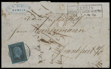 Stempel
Preussen
Berlin, 1850/60 (ca.) drei frankierte Preußen-Briefe mit seltenen "BERLIN-BAHNHOF"-Stempeln, dabei 1. Ausgabe 2 Silbergroschen vom ...