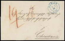 Stempel
Preussen
„BERLIN 5 7 66“ neuer blauer K2, besonders sauber auf Hülle eines Portobriefes nach Christiania in Norwegen, via Lübeck und Sandösu...