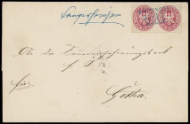 Stempel
Preussen
"GÖTTINGEN / 24 8 II / HALLE" blauer Bahnpost-L3, sehr sauber auf waagerechtem Paar 1 Silbergroschen durchstochen, auf Faltbrief mi...