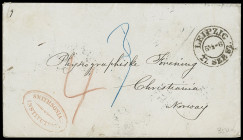 Sachsen
1852, früher Porto-Brief von „LEIPZIG 27. SEP. 52“ nach Norwegen, mit Taxen „3“ und „4“ Silbergroschen, sowie rückseitig fünf verschiedenen D...