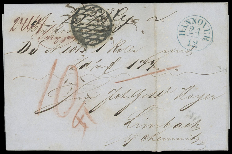 Sachsen
1853-55, drei markenlose Faltbriefe mit vorderseitigen (!) Vollgitter- ...