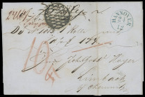 Sachsen
1853-55, drei markenlose Faltbriefe mit vorderseitigen (!) Vollgitter- bzw. zweimal NS "52". Zwei Briefe aus Hannover, dabei ein Paketbegleit...
