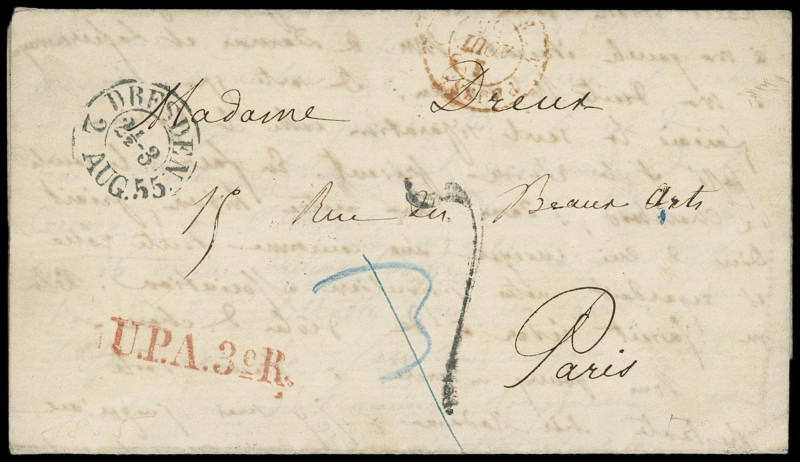 Sachsen
1855, Faltbrief mit sauberem Aufgabe-K2 „DRESDEN 2 AUG. 55“ und vollstä...