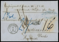 Sachsen
1861, seltene Auslands-Waren-Proben-Paketsendung (Tintenfraß in der einen Taxziffer) von „CHEMNITZ 11 IV 61“ als Porto-Brief via Baden nach F...