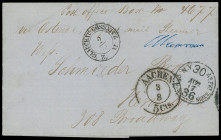 Sachsen
1862 (ca.), außergewöhnlicher Porto-Überseebrief mit Aufgabe-K2 „GLAUCHAU-GÖSSNITZ 2/10“ und Bahnpost-Aufgabe „Meerane" nach New York, über A...