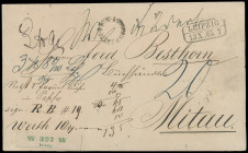 Sachsen
1865, sehr seltene Auslands-Wertsendung mit entsprechendem Aufkleber von „LEIPZIG 13 X 65“ nach Mitau/Kurland/Russland.