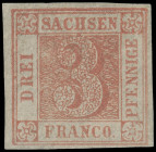 Markenausgaben
Sachsen
1850, 3 Pfennige zinnoberrot (ziegelrot), sog. Sachsendreier, Platte III = bayerisches Liniensystem, das nur bei dieser Platt...