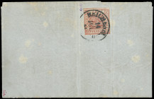 Markenausgaben
Sachsen
STEMPEL-UNIKAT AUF DRUCKSACHE: 1850, 3 Pfennige dunkelzinnoberrot (ziegelrot), sog. Sachsendreier, sächsisches Liniensystem, ...