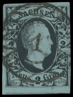 Markenausgaben
Sachsen
1851/52, König Friedrich August: 2 Neugroschen schwarz auf hellgrünlichblau und mittelblau, zweimal Kabinett/Luxus mit genau ...