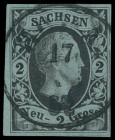 Markenausgaben
Sachsen
1851, König Friedrich August: 2 Neugroschen auf hellgrünlichblau, Luxus-Stück mit perfektem K1 "RODA".