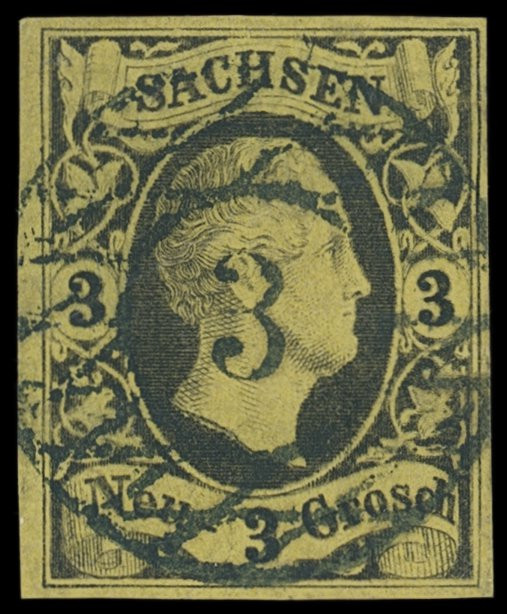 Markenausgaben
Sachsen
1851, König Friedrich August: 3 Neugroschen, zwei Kabin...