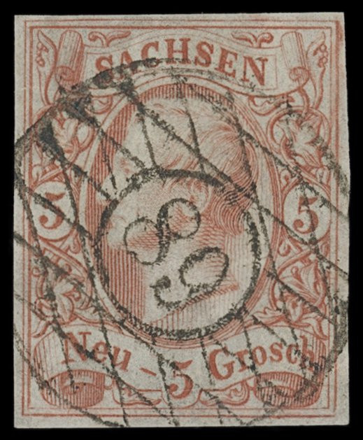 Markenausgaben
Sachsen
1856, König Johann: 5 Neugroschen orangebraun, Kabinett...
