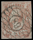 Markenausgaben
Sachsen
1856, König Johann: 5 Neugroschen orangebraun, Kabinettstück mit sauber und genau zentrischem NS "89". Außergewöhnliches Qual...