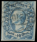Markenausgaben
Sachsen
1856, König Johann: 10 Neugroschen, frisches und voll- bis überrandiges Kabinettstück mit zentrischem NS "210". Seltener 200e...