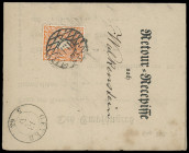 Markenausgaben
Sachsen
1863, Wappenausgabe: 1/2 Neugroschen gelblichrot, Kabinettstück mit zentrischem NS „131“ auf Retour-Recepisse von „GEYER 13 X...