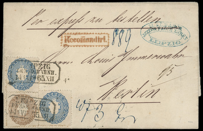 Markenausgaben
Sachsen
1863, Wappenausgabe: zweimal 2 Neugroschen blau und 3 N...