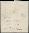 Schleswig-Holstein
„Oldesloe“ schwarzer Krone-Posthorn-Stempel, sauber und vollständig auf Faltbrief mit Inhalt von Reinfeld, datiert 7. Februar 1849...