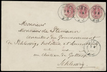 Markenausgaben
Schleswig-Holstein
1865, 1/2 Schilling SCHLESWIG-HOLSTEIN, farbfrischer Kabinett-Dreierstreifen der ersten Gemeinschaftsausgabe mit s...