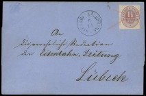 Markenausgaben
Schleswig-Holstein
1865, 1 1/3 Schilling SCHLESWIG-HOLSTEIN, farbfrisch, jedoch links unauffällig verbessert mit Rötelkreuz, auf Falt...