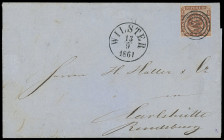 Dänische Postverwaltung
Schleswig-Holstein
1861, Dänemark 4 Skilling gewellter Grund, Luxusstück mit sehr schönem NS „147“ auf Faltbrief von "WILSTE...