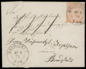 Holstein Stempel
Schleswig-Holstein
"BREDSTEDT 20 5 70" Antiqua-K2 recht sauber auf NDP 1/2 Groschen gezähnt, orange, auf kleinem Ortsbrief. Frankat...