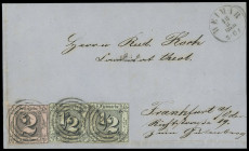Markenausgaben
Thurn und Taxis
1852, 1/2 Silbergroschen schwarz auf olivgrau, zwei Exemplare zusammen mit 2 Silbergroschen als Dreierstreifen gekleb...