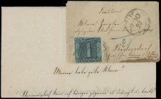 Markenausgaben
Thurn und Taxis
1853, Farbänderung: 1 Silbergroschen schwarz auf türkis, farbfrisch, aber allseits angeschnitten, auf Mini-Kuvert mit...