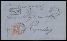 Markenausgaben
Thurn und Taxis
1859, 5 Silbergroschen braunpurpur, dreiseitig voll- bis breitrandig, rechts mit Teil der Nebenmarke und nur links ob...