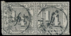 Markenausgaben
Thurn und Taxis
1866, 1/4 Silbergroschen farbig durchstochen, waagerechtes Paar mit rückseitig kleinen Papiermängeln und sauber aufge...