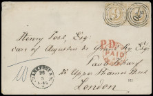 Markenausgaben
Thurn und Taxis
1866, 9 Kreuzer farbig durchstochen, waagerechtes Paar (teils Scherentrennung), mit sauberen NS „220“ auf Briefkuvert...