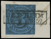 Stempel
Thurn und Taxis
"BENSHEIM/19 2 1852", seltener Ra2, sehr sauber und gerade auf üblich gerandeter 3 Kreuzer schwarz auf blau, auf Briefstück....