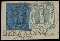 Stempel
Thurn und Taxis
"HERZ. NASSAU" sehr seltener L1 auf Briefstück mit 1 Kreuzer schwarz auf olivgrau und 3 Kreuzer schwarz auf blau, je mit K2 ...