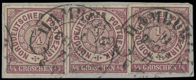 Markenausgaben
Norddeutscher Postbezirk
1868, 1/4 Groschen braunviolett, drei farbfrische Kabinettstücke als waagerechter Dreierstreifen geklebt, mi...