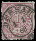 Markenausgaben
Norddeutscher Postbezirk
1868, 1 Groschen lilarot, etwas unregelmäßig durchstochen, mit idealem K2 „DESSAU 1 1 68“. Besonders schönes...