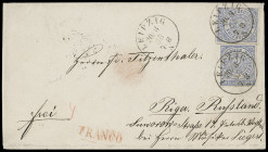 Markenausgaben
Norddeutscher Postbezirk
1868, 2 Groschen blau durchstochen, zwei Kabinettstücke mit sehr sauberen K1 „LEIPZIG 20/3 68“ auf Briefkuve...