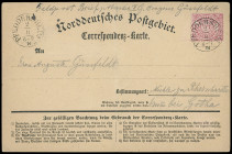 Markenausgaben
Norddeutscher Postbezirk
1869, 1 Groschen gezähnt, mit sauber aufgesetztem K1 „PFEDDERSHEIM 2/8“, auf Correspondenz-Karte (1870) nach...