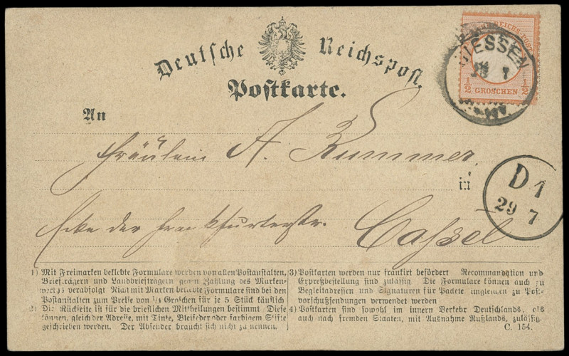 Brustschilde
Deutsches Reich
1872/74, 1/2 Groschen Postkarten mit sauberen K1 ...