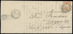 Brustschilde
Deutsches Reich
1872, Kleiner Brustschild: 1/2 Groschen ziegelrot, mit sauberem Hufeisen-Stempel „STRASSBURG 11 JULI 72“ auf Orts-Faltb...
