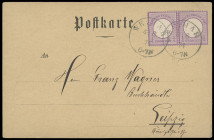 Brustschilde
Deutsches Reich
1872, Großer Brustschild: 1/4 Groschen grauviolett, farbfrisches waagerechtes Kabinett-Paar, mit sauberen K1 „WEIMAR 4 ...