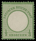 Brustschilde
Deutsches Reich
1872, Großer Brustschild: 1/3 Groschen dunkelgrün, farbfrisch und üblich gezähnt, postfrisch ohne Signaturen, Kabinett....