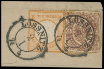 Brustschilde
Deutsches Reich
1872, Großer Brustschild: 1/2 Groschen orange und 1/2 Groschen Ganzsachen-Ausschnitt, als Kehrdruckpaar geklebt, mit se...