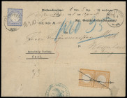 Brustschilde
Deutsches Reich
1872, Großer Brustschild: 1/2 Groschen orange, waagerechtes Paar mit Federkreuz-Entwertung, rückseitig auf Nachnahme-Br...