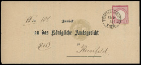 Brustschilde
Deutsches Reich
1872, Großer Brustschild: 1 Groschen karmin, tieffarbiges waagerechtes Paar und Einzelmarke auf zwei vollständigen Behä...
