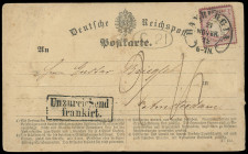 Brustschilde
Deutsches Reich
1872, Großer Brustschild: 1 Groschen (Mängel) und 1/2 Groschen Ganzsachen-Karte von HAMBURG bzw. HANNOVER je unterfrank...