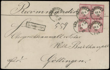 Brustschilde
Deutsches Reich
1872, Großer Brustschild: 1 Groschen karmin, Kabinett-Viererblock mit sauberen K1 „HANNOVER 23 8 72“ auf Einschreiben d...