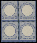 Brustschilde
Deutsches Reich
1872, Großer Brustschild: 2 Groschen dunkelgraublau, farbtiefer und sehr schöner geprägter Kabinett-Viererblock, postfr...