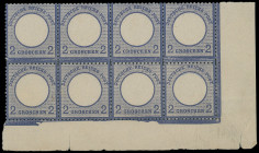 Brustschilde
Deutsches Reich
1872, Großer Brustschild: 2 Groschen ultramarin, farbfrischer waagerechter Achterblock aus der rechten unteren Bogeneck...